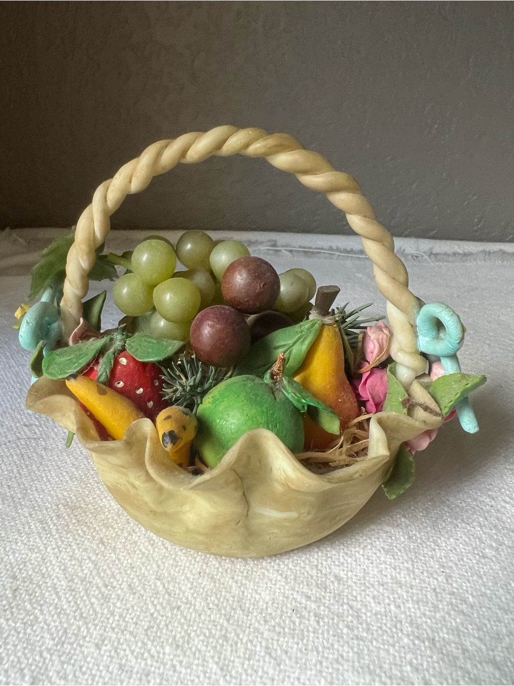 Hand Crafted Cream Fruit Basket with Colorful Fruit Accents